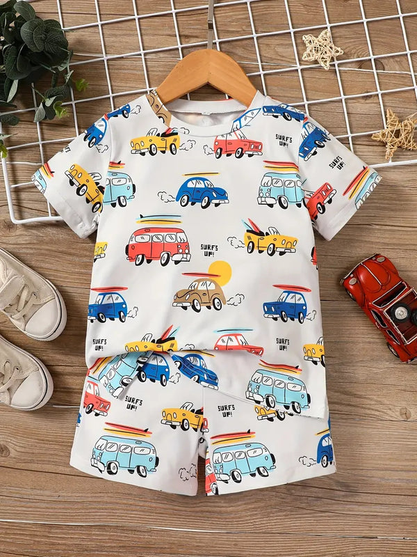 Vibrant Kids' Car-Themed T-Shirts and Shorts Set