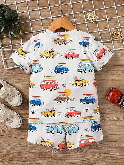 Vibrant Kids' Car-Themed T-Shirts and Shorts Set