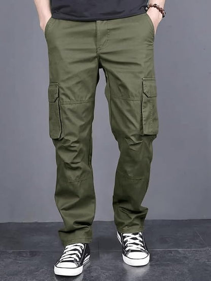 Men's Olive Green Cotton Cargo Pants – Multi-Pocket Utility Trousers