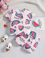 Kids' Adorable Watermelon Print Hosiery Fabric T-Shirt & Shorts Combo