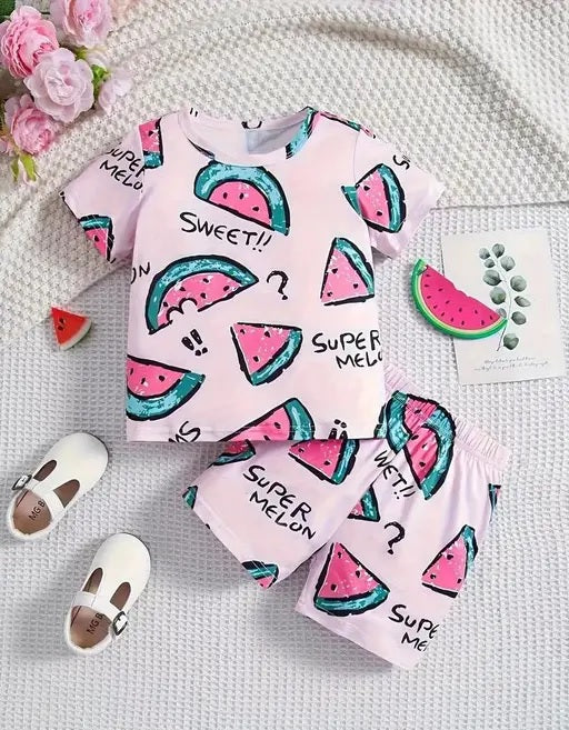 Kids' Adorable Watermelon Print Hosiery Fabric T-Shirt & Shorts Combo