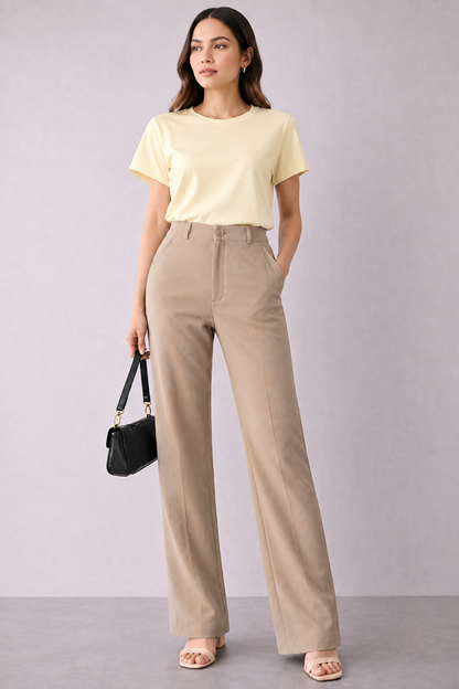 Women’s dark Ivory Beige High-Waist Stretchable Trousers