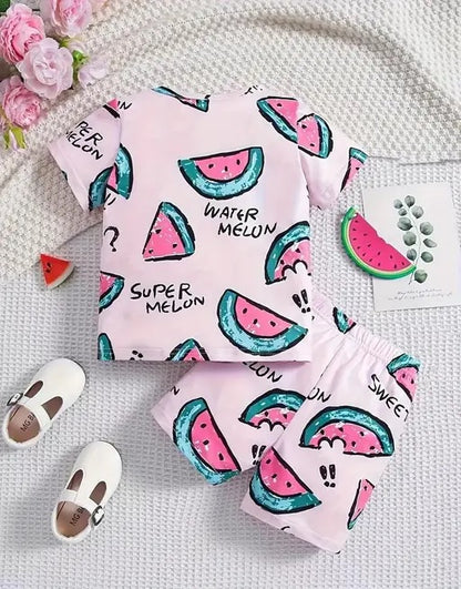 Kids' Adorable Watermelon Print Hosiery Fabric T-Shirt & Shorts Combo