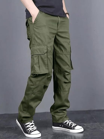 Men's Olive Green Cotton Cargo Pants – Multi-Pocket Utility Trousers