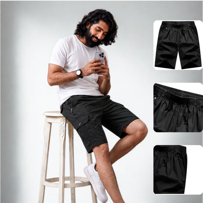 Elite Black Premium Cotton Cargo Shorts for Men