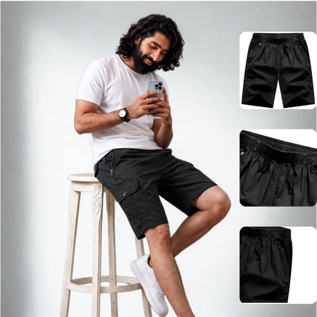 Elite Black Premium Cotton Cargo Shorts for Men