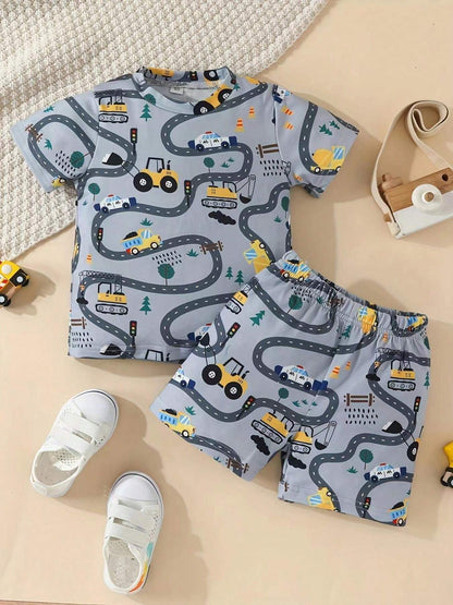 Comfy Kids' Construction-Themed Fabric T-Shirt and Shorts Set