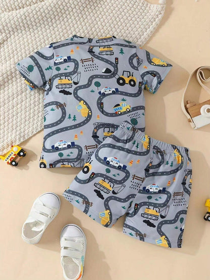 Comfy Kids' Construction-Themed Fabric T-Shirt and Shorts Set