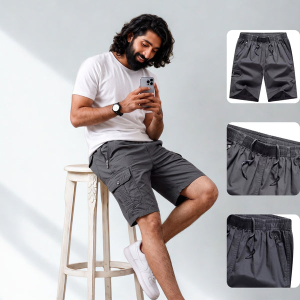 Luxury Edition Dark Gray Cotton Cargo Shorts with Secure Side Zip Pockets