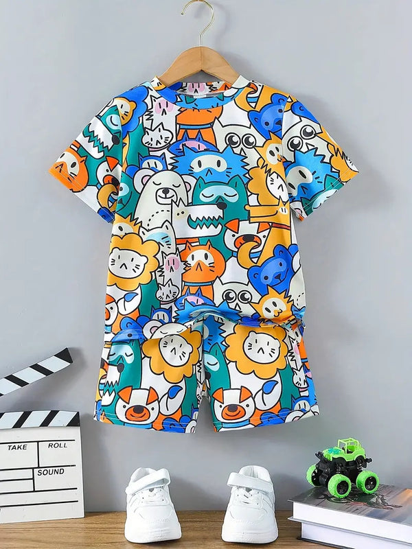 Fun Kids' Cartoon Jungle Print Summer Outfit in Fabric