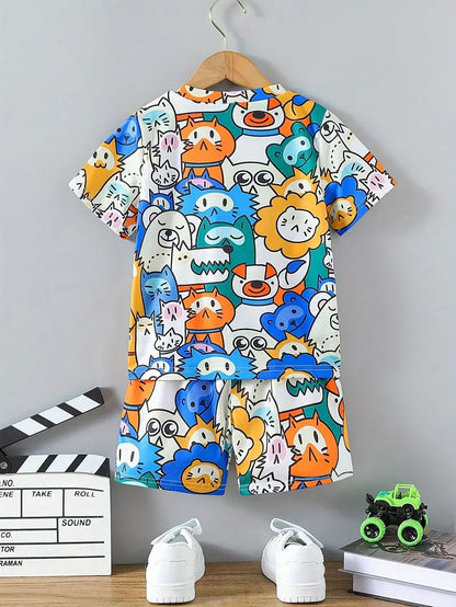 Fun Kids' Cartoon Jungle Print Summer Outfit in Fabric
