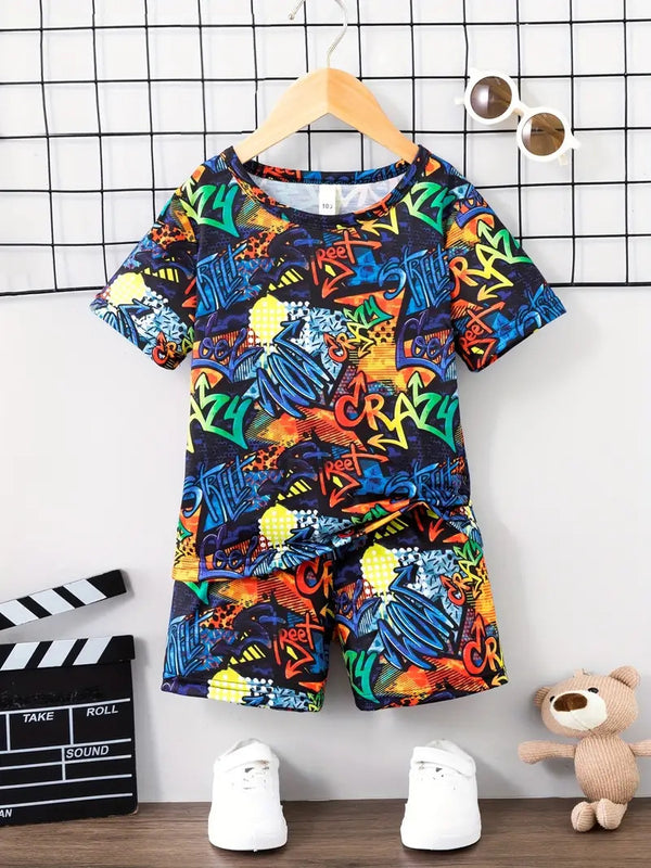 Stylish Kids' Graffiti Print T-Shirt & Shorts for Kids