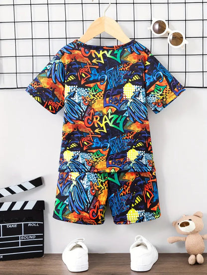 Stylish Kids' Graffiti Print T-Shirt & Shorts for Kids