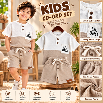 Premium Kids Waffle T-Shirt & Shorts Combo – Beige