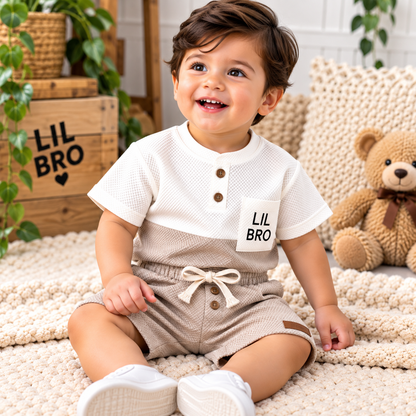 Premium Kids Waffle T-Shirt & Shorts Combo – Beige