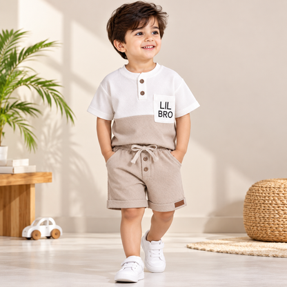 Premium Kids Waffle T-Shirt & Shorts Combo – Beige
