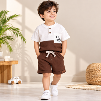 Premium Kids Brown & White Waffle T-Shirt & Shorts Combo