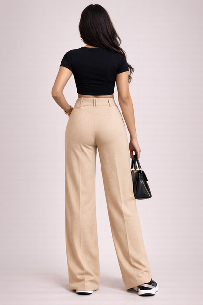 Women’s Ivory Beige High-Waist Stretchable Trousers