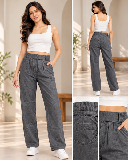 Women’s Premium Relaxed Fit Soft Denim Trousers in Light Grey