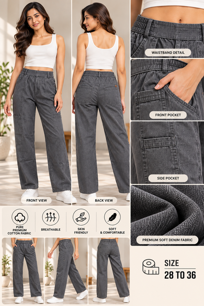 Women’s Premium Relaxed Fit Soft Denim Trousers in Light Grey