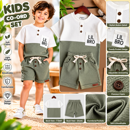 Premium Kids Dark Pista & White Waffle T-Shirt and Shorts Combo