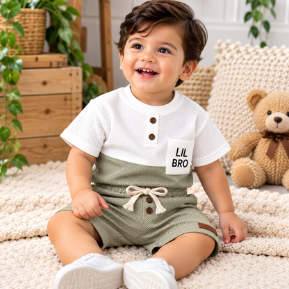 Premium Kids Dark Pista & White Waffle T-Shirt and Shorts Combo