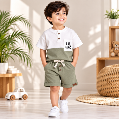 Premium Kids Dark Pista & White Waffle T-Shirt and Shorts Combo