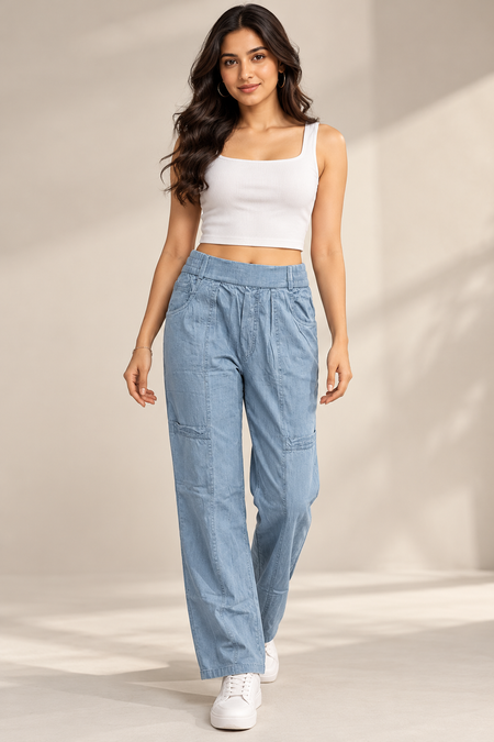 Women’s Premium Relaxed Fit Soft Denim Trousers in Sky Blue