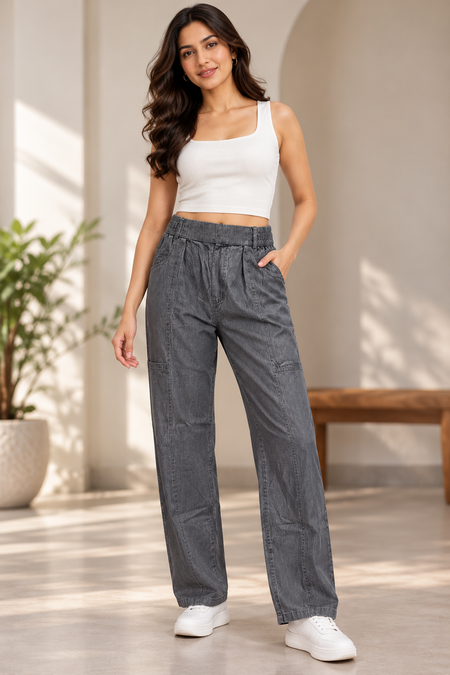 Women’s Premium Relaxed Fit Soft Denim Trousers in Light Grey