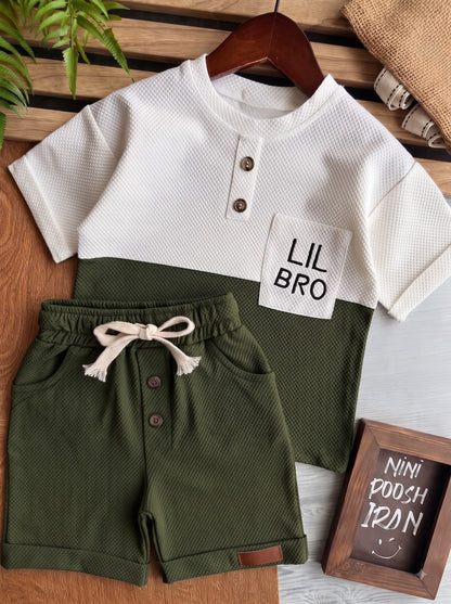 Premium Kids Dark Olive Green & White Waffle T-Shirt and Shorts Combo