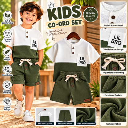 Premium Kids Dark Olive Green & White Waffle T-Shirt and Shorts Combo