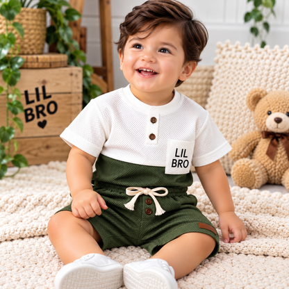 Premium Kids Dark Olive Green & White Waffle T-Shirt and Shorts Combo