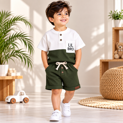 Premium Kids Dark Olive Green & White Waffle T-Shirt and Shorts Combo