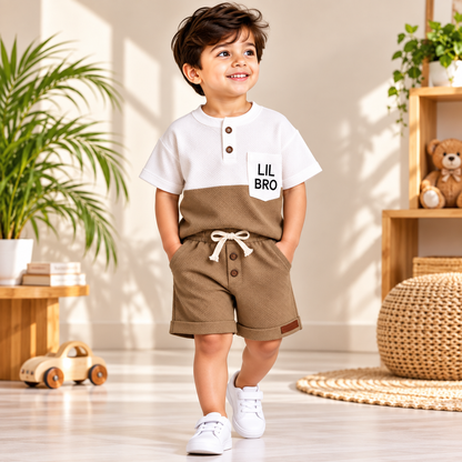 Premium Kids Camel Brown & White Waffle T-Shirt and Shorts Combo