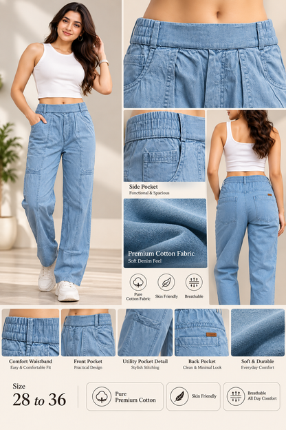 Women’s Premium Relaxed Fit Soft Denim Trousers in Sky Blue