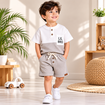 Premium Kids Light Grey & White Waffle T-Shirt and Shorts Combo