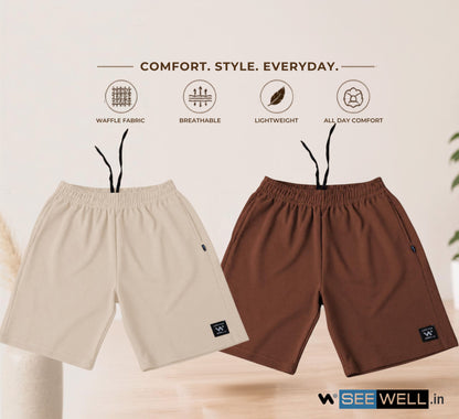 Waffle Shorts Combo – Beige & Brown (Pack of 2)