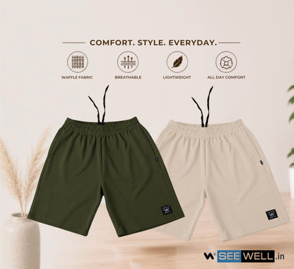 Waffle Shorts Combo – Beige & Mehndi (2-Pack)