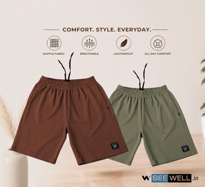 Waffle Shorts Combo – Brown & Dark Pista (2-Pack)