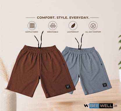 Waffle Shorts Combo – Brown & Sky (2-Pack)