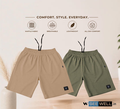 Waffle Shorts Combo – Camel & Dark Pista (2-Pack)