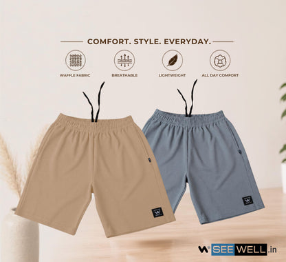 Waffle Shorts Combo – Camel & Sky (2-Pack)