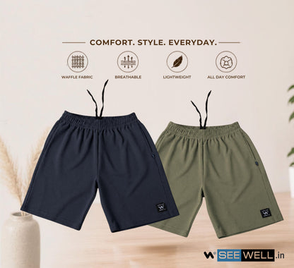 Waffle Shorts Combo – Dark Grey & Dark Pista (2-Pack)