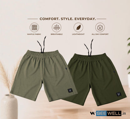 Waffle Shorts Combo – Dark Pista & Mehndi (2-Pack)