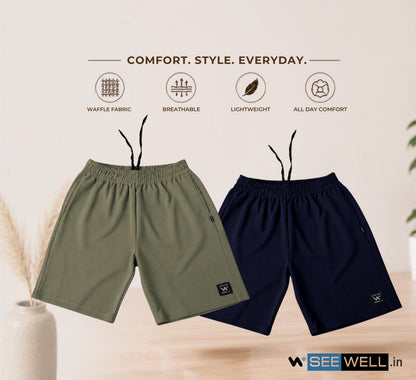 Waffle Shorts Combo – Dark Pista & Navy Blue (2-Pack)