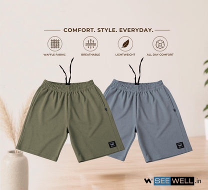 Waffle Shorts Combo – Dark Pista & Sky (2-Pack)