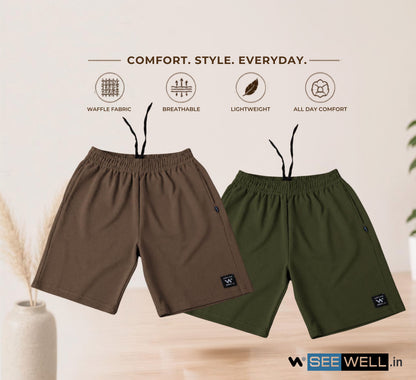 Waffle Shorts Combo – Kiwi & Mehndi (2-Pack)