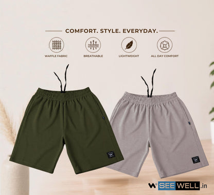 Waffle Shorts Combo – Mehndi & Light Grey (2-Pack)