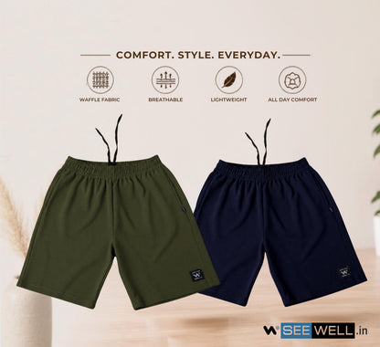 Waffle Shorts Combo – Mehndi & Navy Blue (2-Pack)