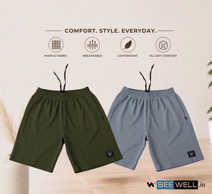 Waffle Shorts Combo – Mehndi & Sky (2-Pack)